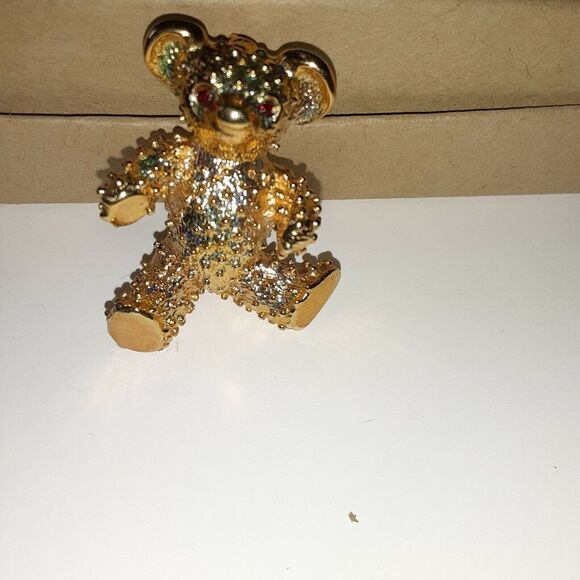 VINTAGE SIGNED Teddy Bear Brooch Heavy Red Rhinestone eyes - Picture 5 of 10